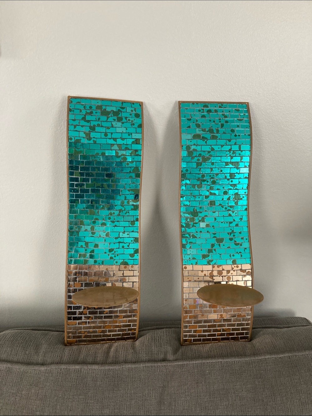 Turquoise and Gold Mosaic Wall Sconces - Decorative Candle Holders
